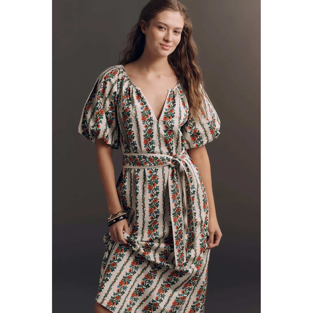THE GREAT. Fairground Belted Puff-Sleeve Midi Dress Size S — Anthropologie Sold
